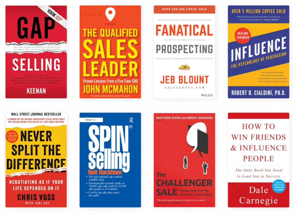Covers of the sales books WYNGO is trained on, including SPIN Selling, Influence and The Challenger Sale