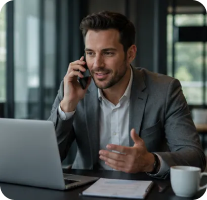 Salesperson on a call at a desk with a laptop