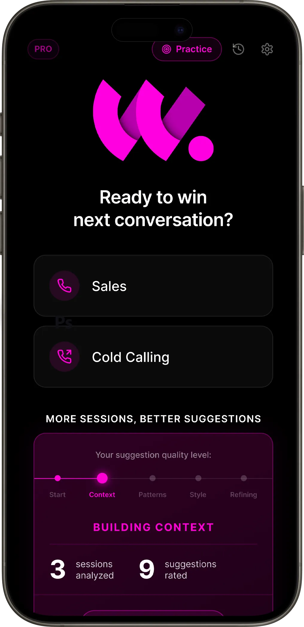 WYNGO on a phone, asking which type of call to start
