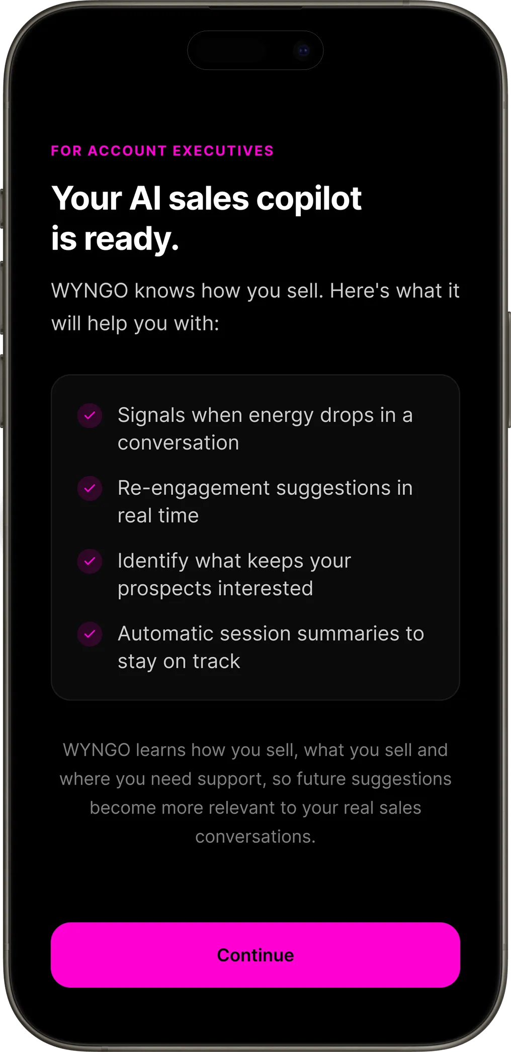 WYNGO on a phone, listing what it helps with during a call