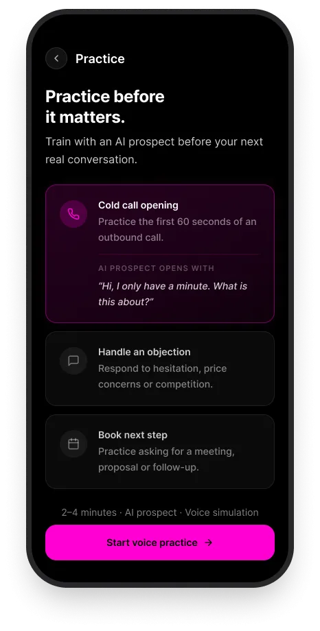 WYNGO app screen for practising a call before it happens