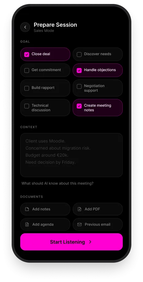 WYNGO app screen for preparing a call session