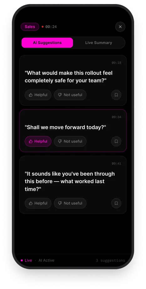 WYNGO app screen showing live AI suggestions during a call