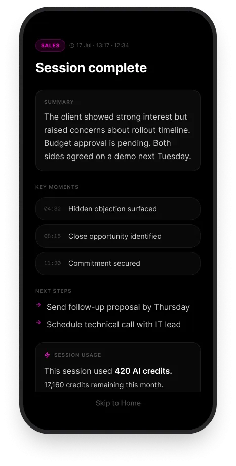 WYNGO app screen showing the summary after a completed session